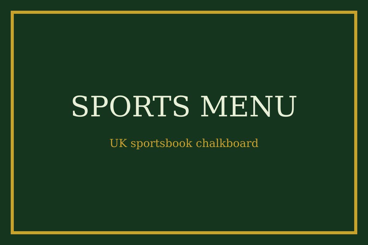 Original chalk illustration of a pub sports menu board with fixture lines, a football and kick-off notes.
